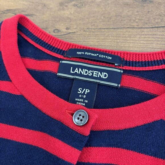 Lands' End Womens S Red Navy Blue Striped Cardigan Sweater Supima Cotton Knit - Picture 3 of 6